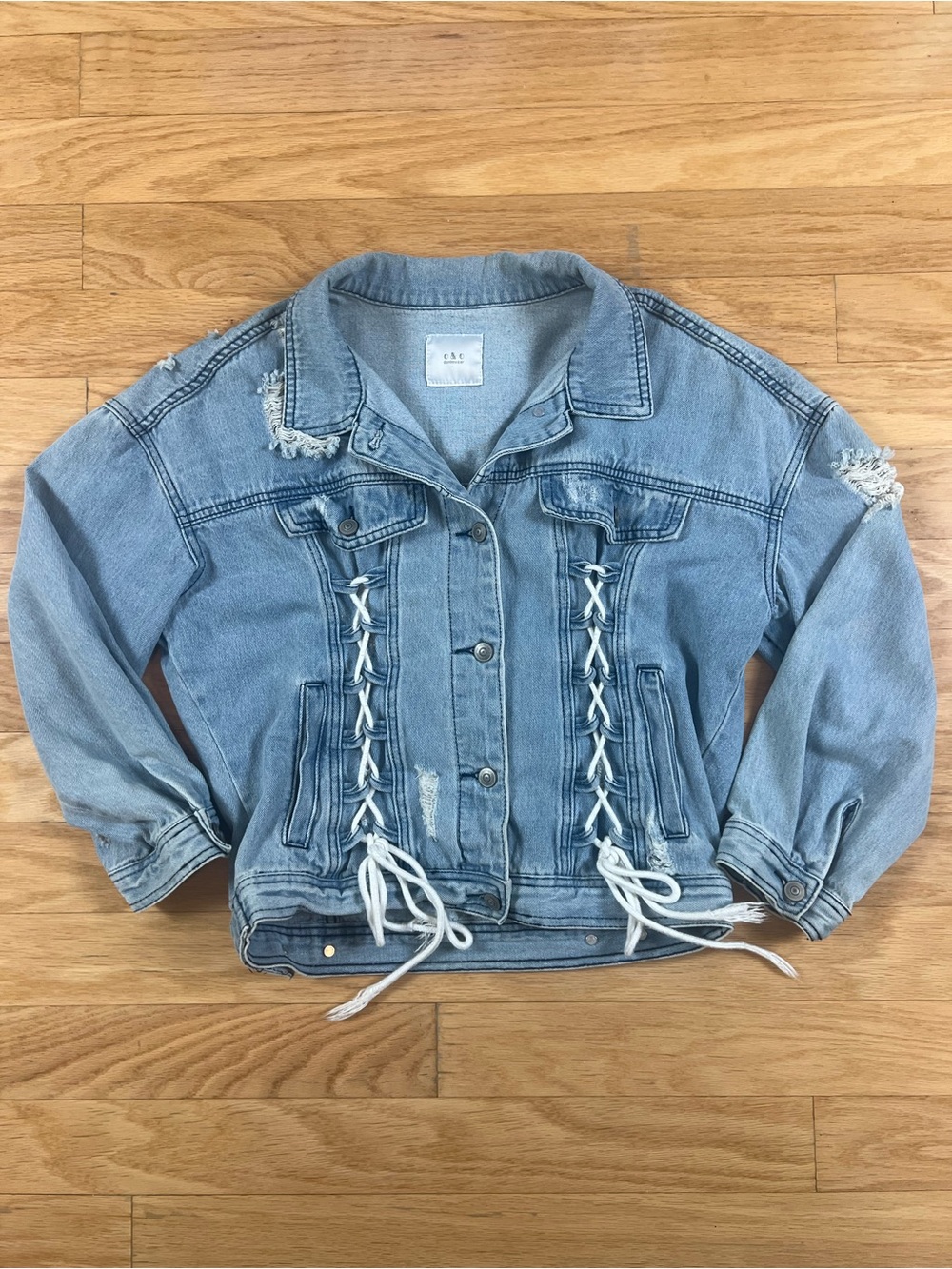 O&O Denimwear Corset Tie Light Wash Distressed Denim Jacket Size M - Picture 4 of 16